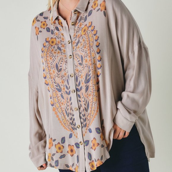 Davi & Dani Floral Mesh Mock Neck Short Sleeve Top